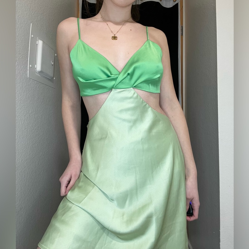 Green silky mini dress